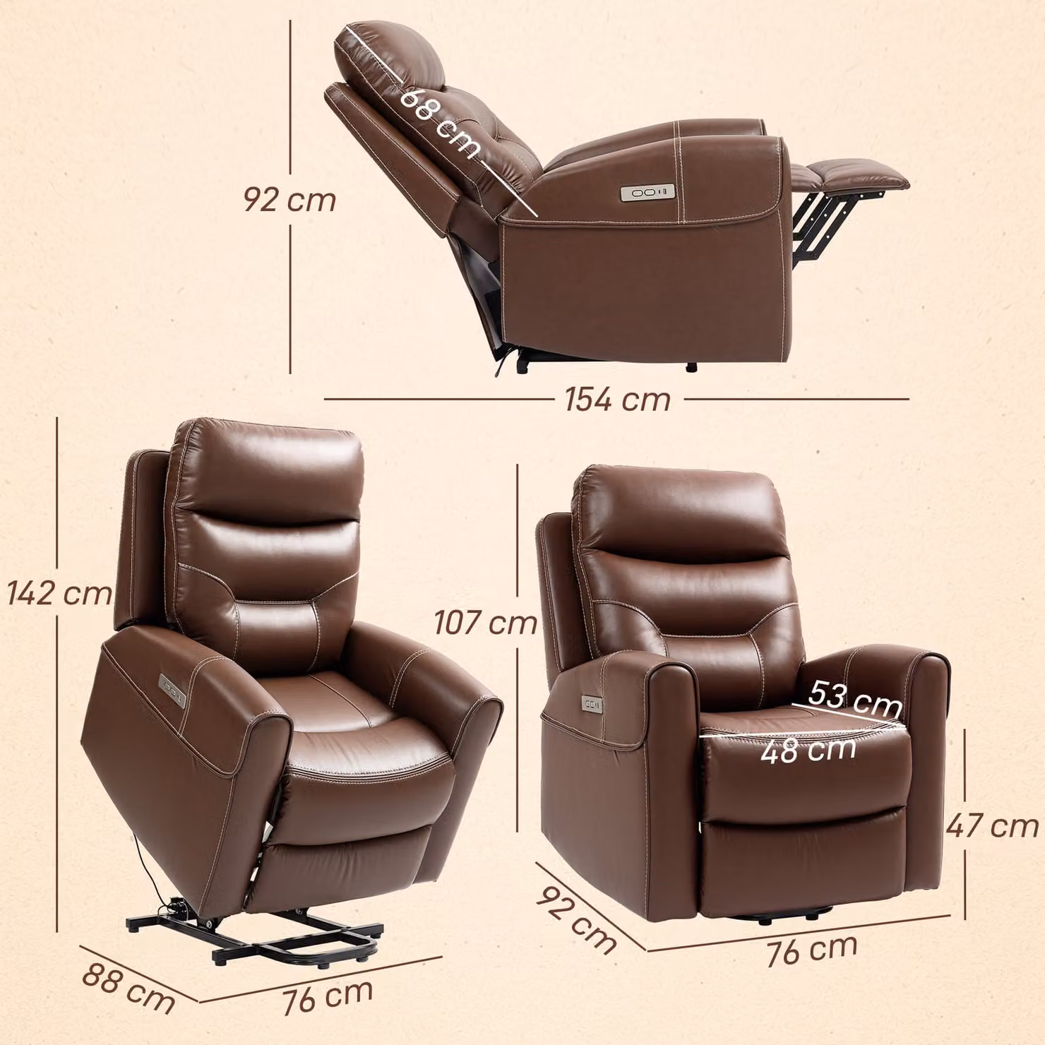 HOMCOM Power Lift Recliner Chair for Seniors in Brown Faux Leather with USB Ports and Remote Control – 3