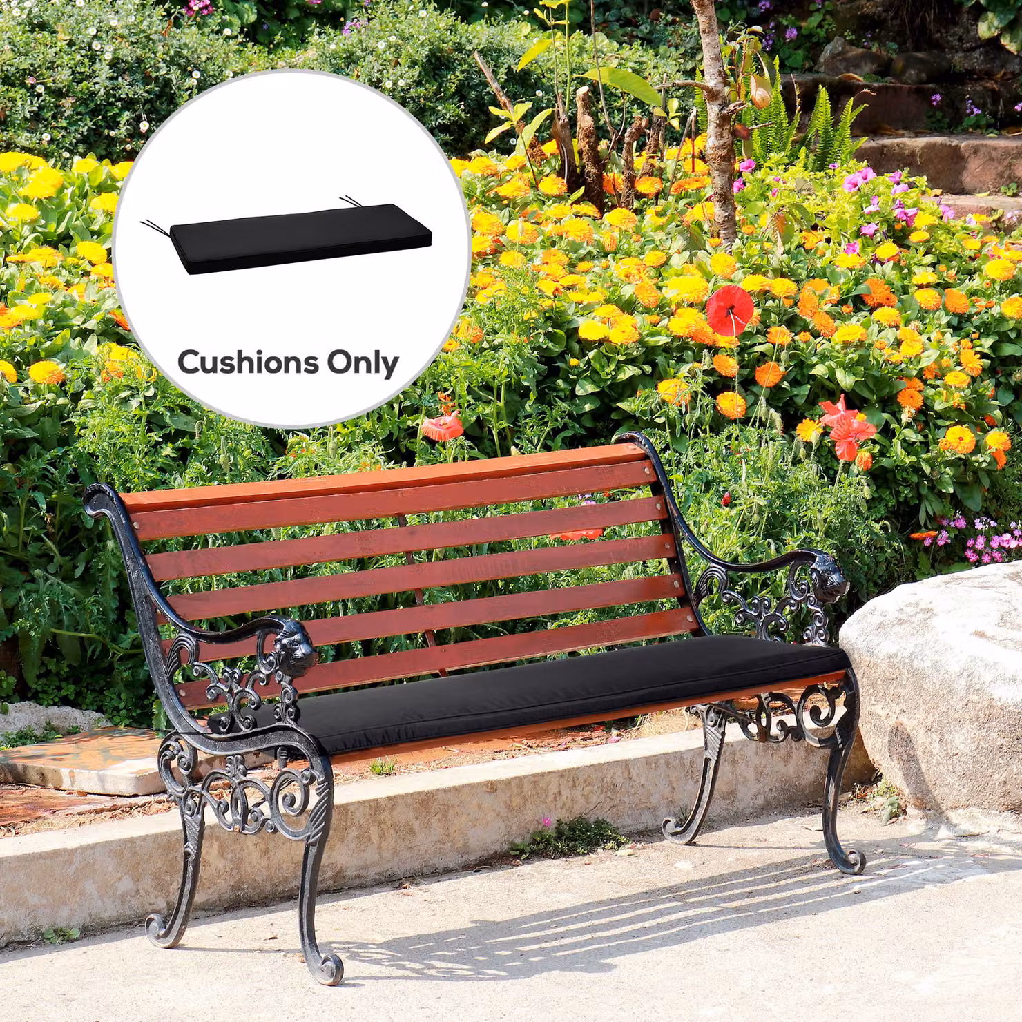 Outsunny 2-Seater Garden Bench Cushion with Ties, Black, W: 110 cm, D: 46 cm – 2