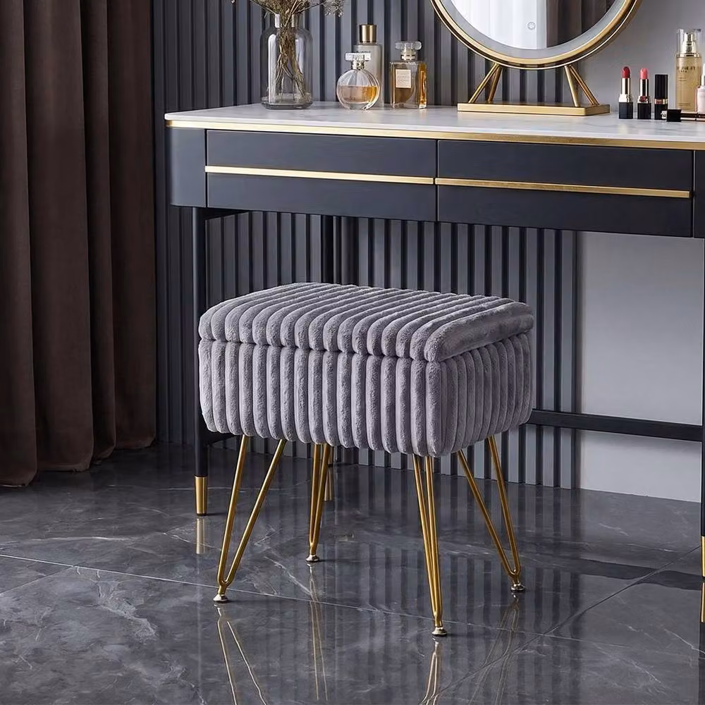 KORVIXA Grey Velvet Ottoman Storage Pouffe Footstool with Gold Metal Frame, W/D/H: 100 x 100 x 48 cm – 2