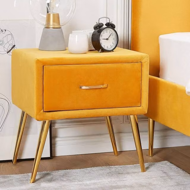 Wyld and Coco Yellow Velvet Bedside Table with Gold Metal Legs and 1 Drawer – 1