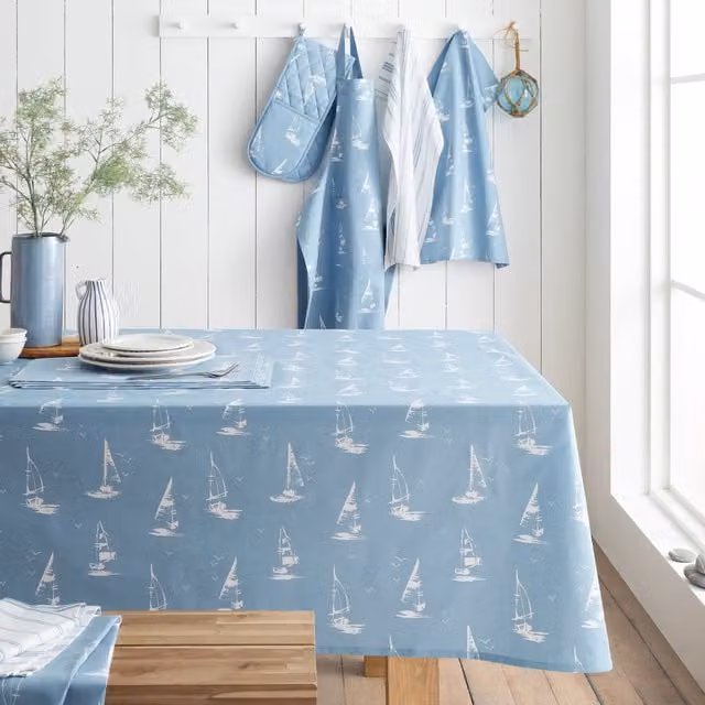 Catherine Lansfield Salcombe Boats Cotton Tablecloth, Blue and White, W: 137 cm, L: 229 cm