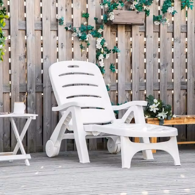 Outsunny Set of 2 White Folding Plastic Chaise Lounge Chairs with Castors and Adjustable Headrests