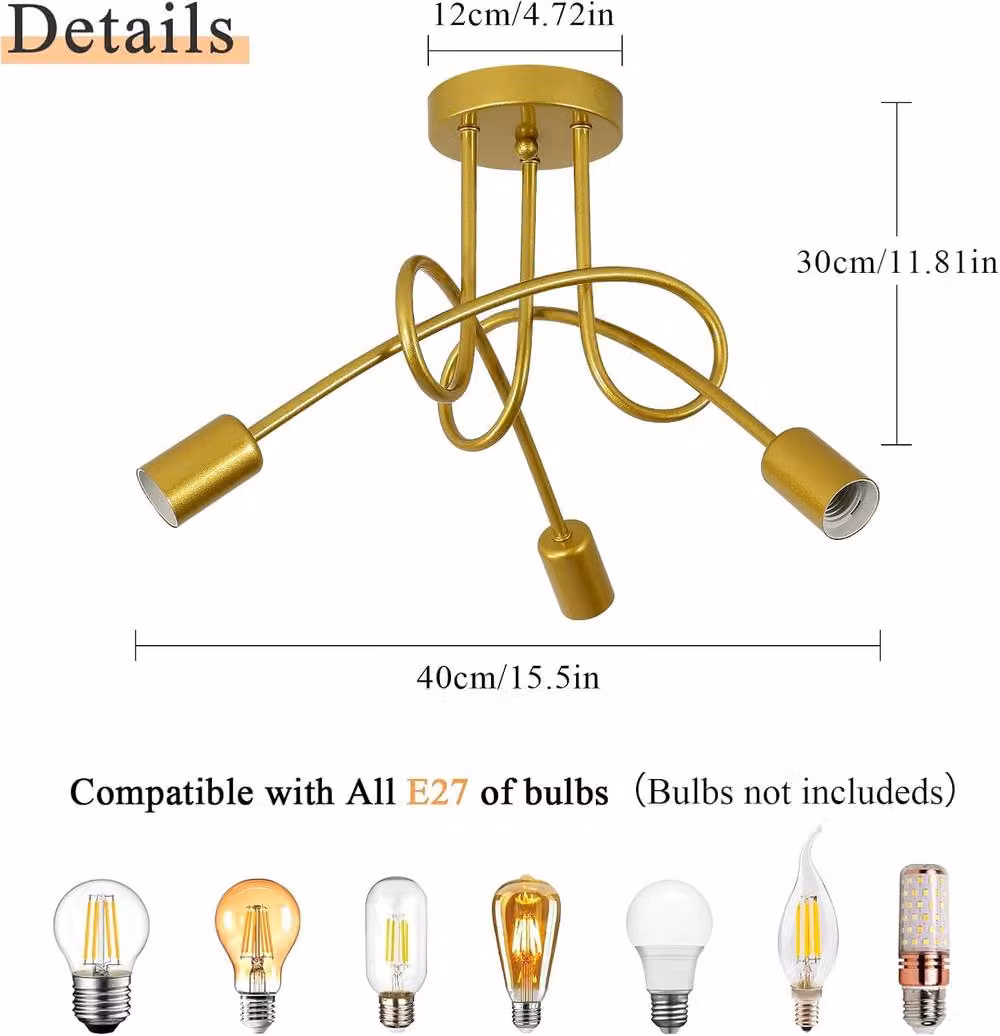 Goeco Industrial 3-Light Ceiling Chandelier in Gold/Brass with Glass Shades and E27 Sockets – 3