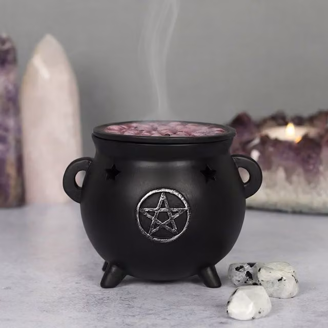 KDMD Mystic Pentagram Cauldron Smoke Rising Incense Holder in Black and Silver