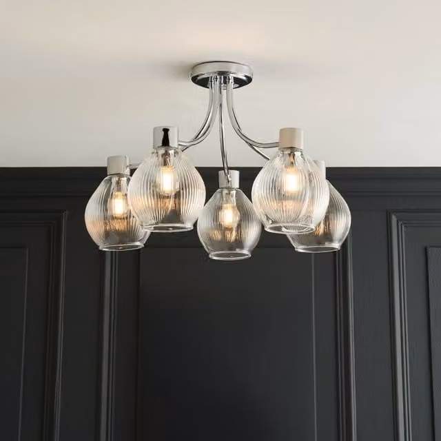 Pagazzi Hamilton 5 Light Semi Flush Ceiling Light in Polished Chrome and Silver, W/D/H: 33.5 x 33.5 x 57 cm