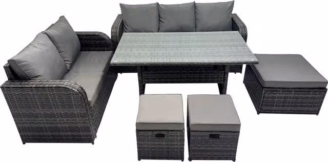 Fimous 8-Seat Outdoor PE Rattan Garden Furniture Set with Dining Table and Footstools in Dark Grey Mixed