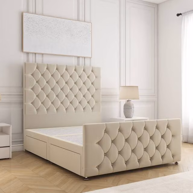 BSSPOKE Maya Velvet Divan Bed with 4 Drawers, Headboard and Footboard, Beige, W/D/H: 180 x 200 cm
