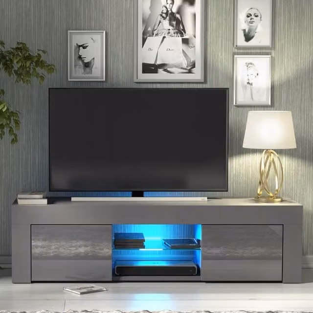 Creative Furniture Loom TV Unit in Grey with Glossy MDF and Glass Details, W: 130 cm, D: 35 cm, H: 35 cm – 1