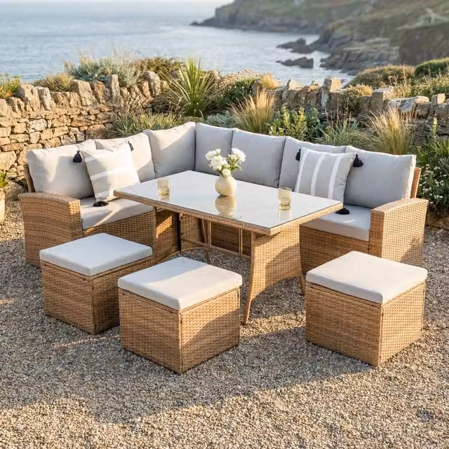 Home Garden Direct Pelias Brown Rattan 8 Seater Corner Outdoor Sofa Dining Set