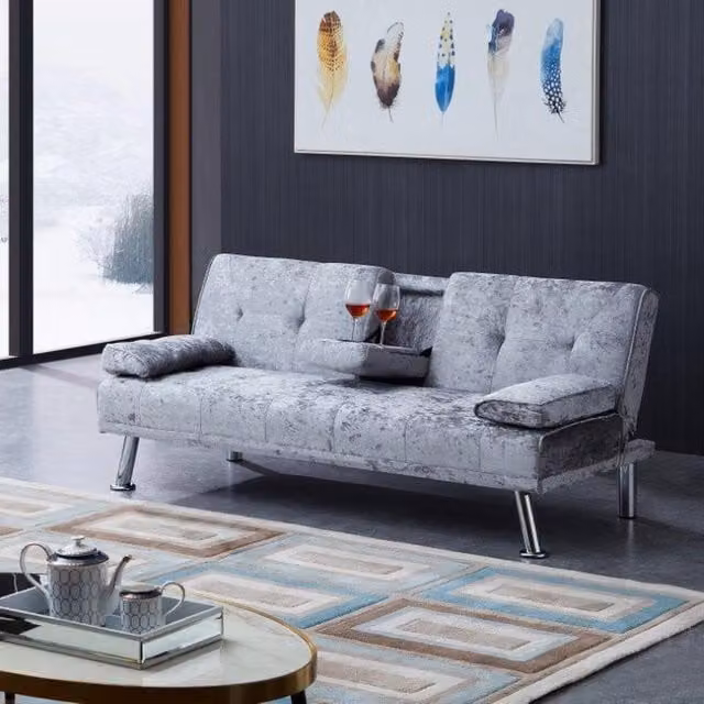 Comfy Living Verona Crush Velvet Sofa Bed in Grey with Cup Holders and Click-Clack Sleeping Function