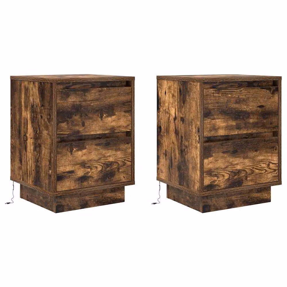 Berkfield Home Set of 2 Bedside Cabinets with Integrated LED Lights in Smoked Oak, W/D/H: 38 x 34 x 50 cm – 3