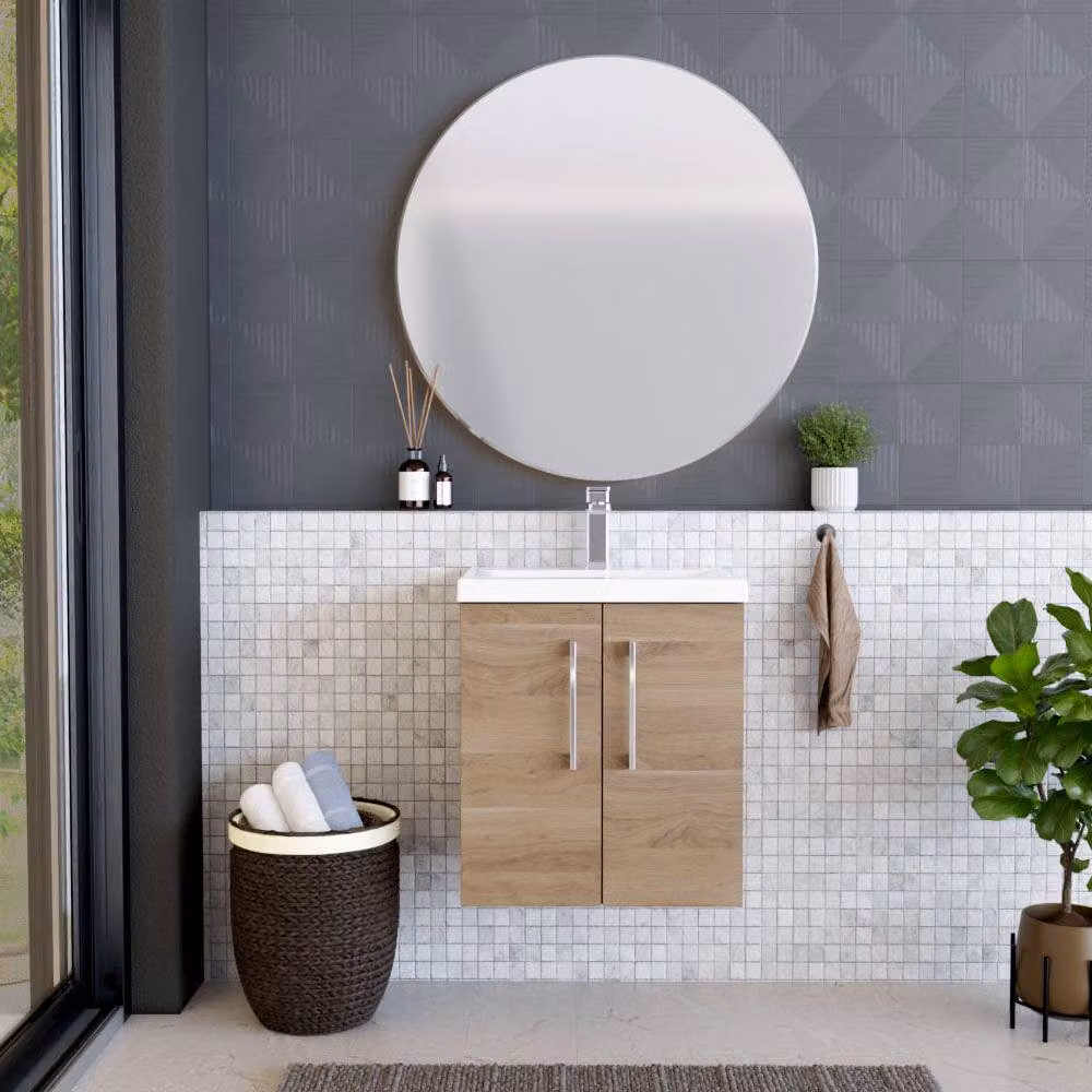 Balterley Contemporary Wall Hung Bathroom Vanity Unit with Mid-Edge Ceramic Basin, Bleached Oak Brown, W: 50 cm – 2