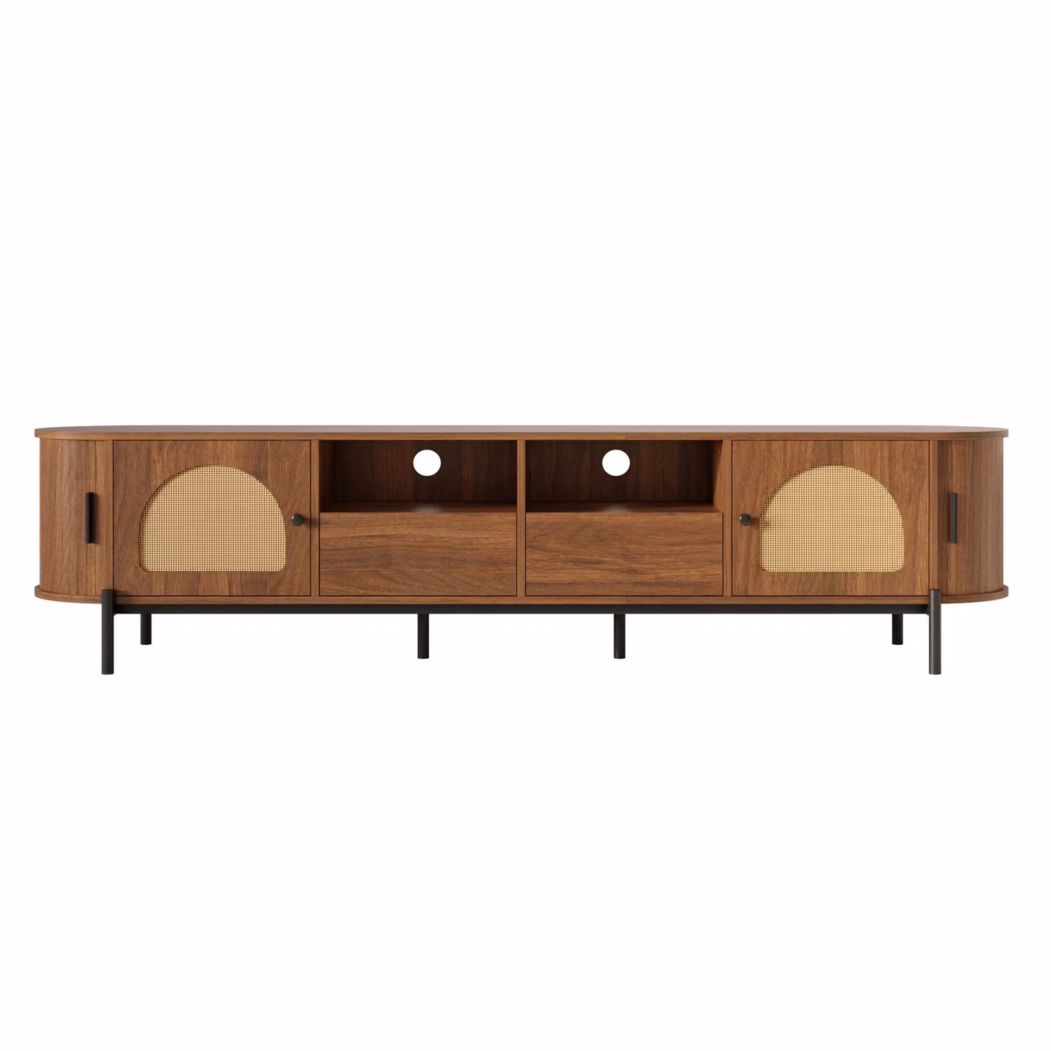 Aosom UK Walnut TV Stand with Rattan Sliding Doors, 2 Drawers and Metal Legs, W: 200 cm, D: 40 cm, H: 50 cm – 2