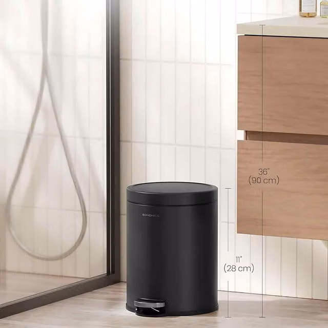 The Bazaarist Steel Pedal Bathroom Waste Bin with Soft Close Lid and Removable Inner Bucket, Ink Black, H: 28 cm, W: 28 cm, D: 6 cm
