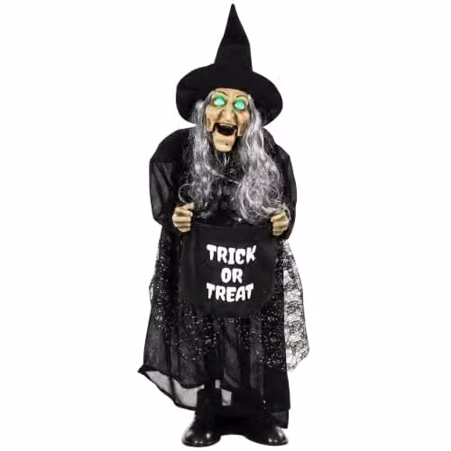 HOMCOM Animated Witch Halloween Decoration with Light Up Eyes in Black, Silver and Green, Height: 94 cm