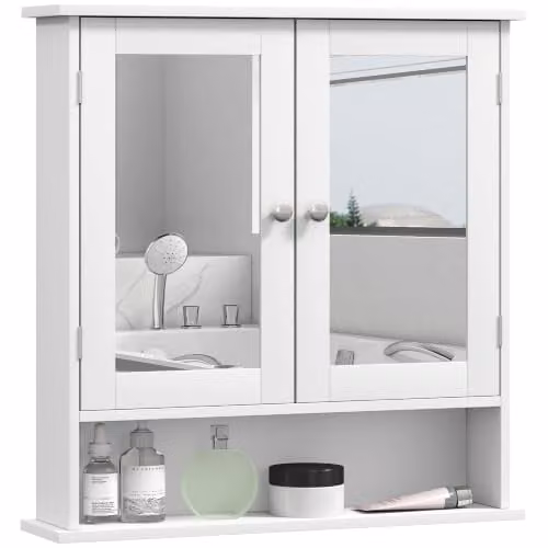 Kleankin Wall Mounted Modern Bathroom Mirror Cabinet in White with Glass Doors and Internal Shelves