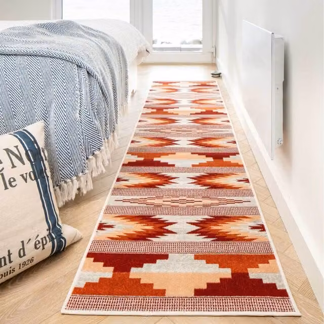 The Rug House Geometric Tribal Ethnic Low Pile Soft Living Area Rug in Orange and Grey, Width: 240 cm