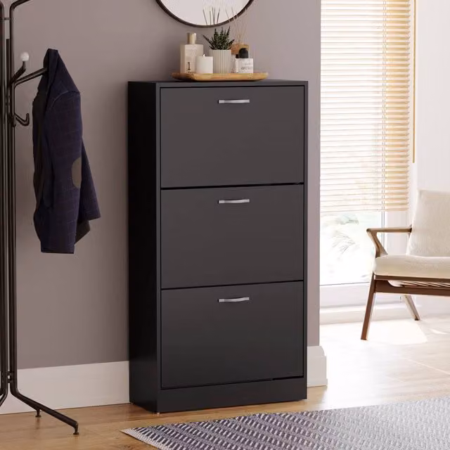 HD Designs Vida Designs Modern Black 3 Drawer Shoe Cabinet with Tilting Compartments – 1
