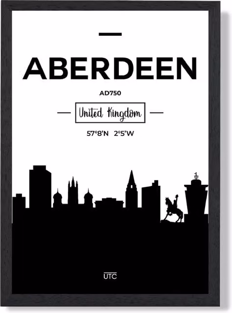 ARTZE Aberdeen Black and White City Skyline Framed Photograph, A3, Black Frame – 1