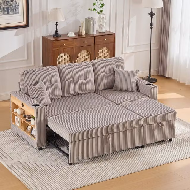 Aosom UK Multifunctional Corduroy Sofa Bed with Hidden Storage, LED Lighting, USB Charging and Cup Holders, Light Grey, W: 196 cm, D: 82 cm, H: 85 cm – 1