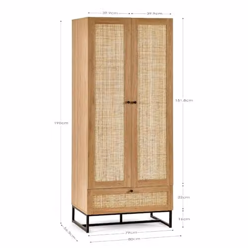 Julian Bowen Padstow Rattan 2 Door 1 Drawer Wardrobe in Oak, H190 x W80 cm – 2