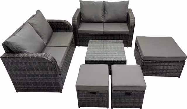 Fimous Love Outdoor Furniture Set with 2-Seater Sofa, Square Coffee Table and 3 Ottomans in Dark Grey – 1