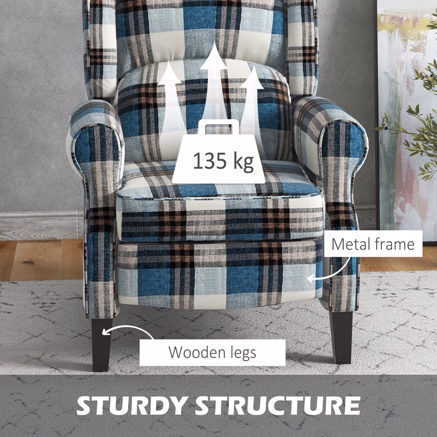HOMCOM Blue Wingback Reclining Armchair with Integrated Footrest and Wood Legs – 6
