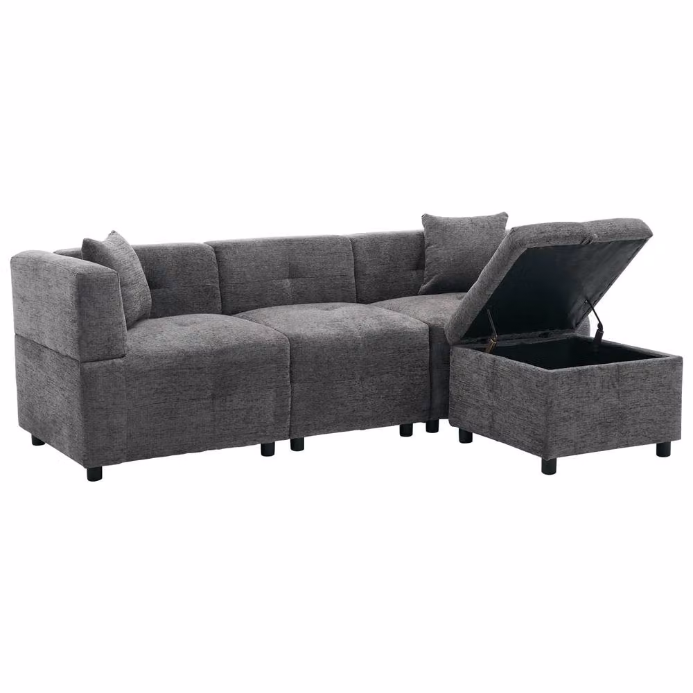 ModernLuxe Grey 3 Seater L-Shape Fabric Sofa with Removable Storage Ottoman and Scatter Cushions – 2