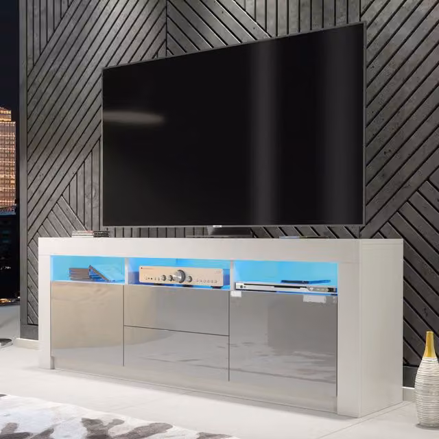 Creative Furniture Shine Modern Glossy TV Unit in Grey and White with Integrated Lighting, W: 160 cm, H: 60 cm, D: 35 cm