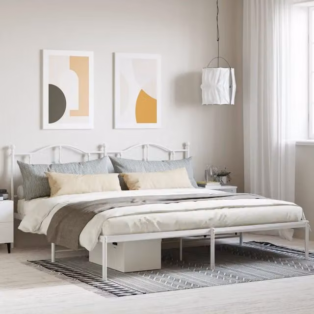 Berkfield Home Metal Bed Frame with Headboard, White, W: 193 cm, D: 203 cm – 1