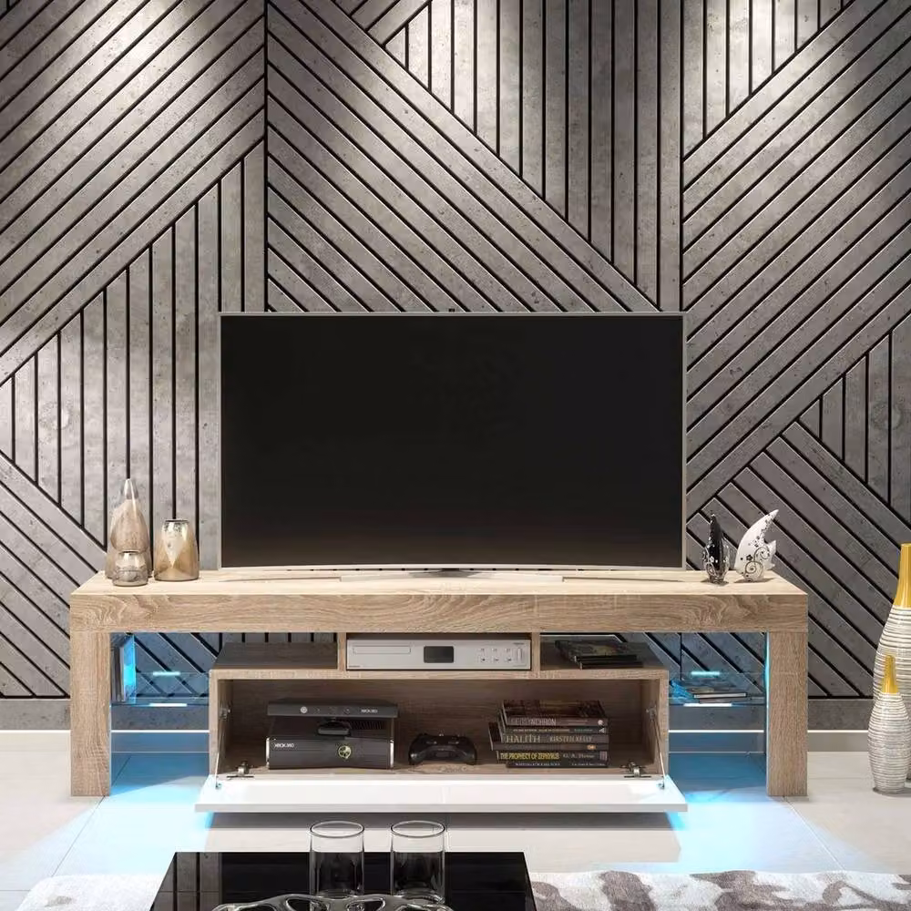 FORGEVIO Modern Oak TV Unit and Sideboard Cabinet in White with Integrated Lighting – 5