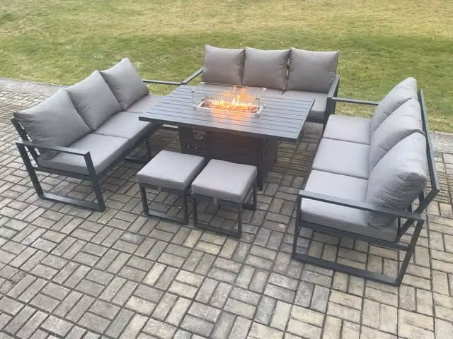 Fimous 11 Seater Aluminium Garden Furniture Set with Gas Fire Pit Dining Table and 2 Footstools in Dark Grey
