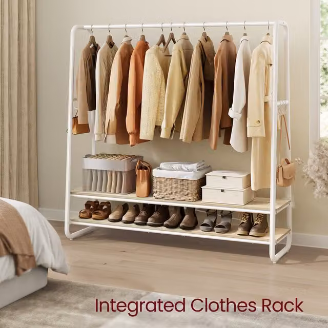 VASAGLE Industrial Clothes Rail with 2 Shelves in White