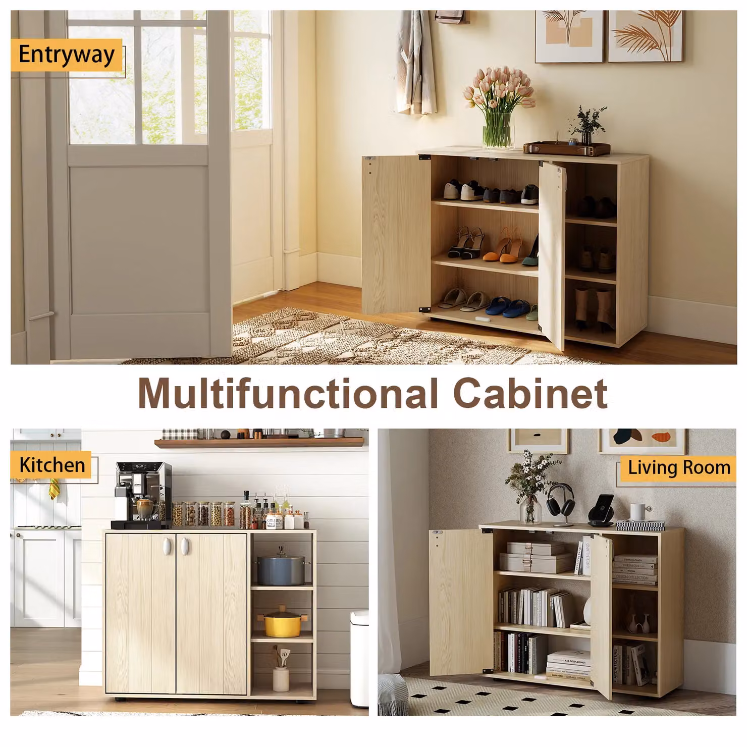 Costway 3-Tier Wood Shoe Storage Cabinet with Hinged Doors in Beige – 6