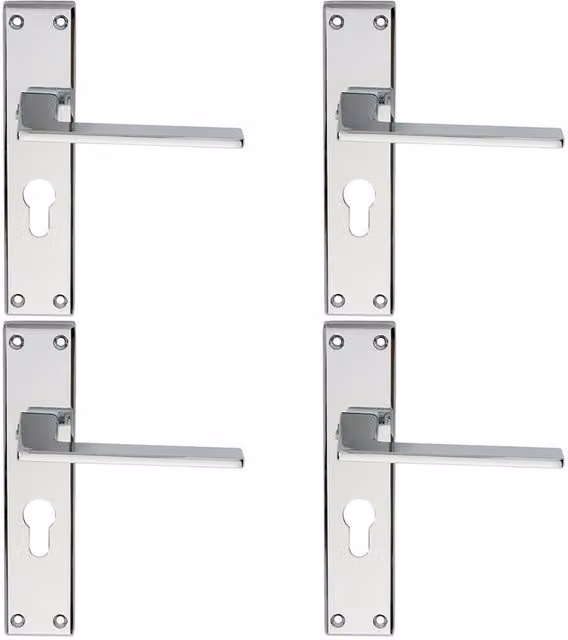 Loops 4x Flat Straight Lever on Euro Lock Backplate Handle, Polished Chrome, W: 180 mm, H: 40 mm