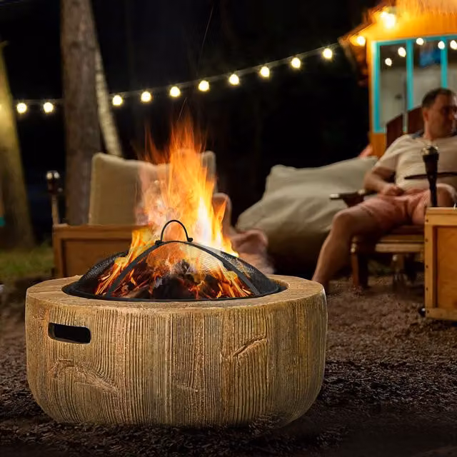 Outsunny Brown Metal Fire Pit with Spark Screen and Poker