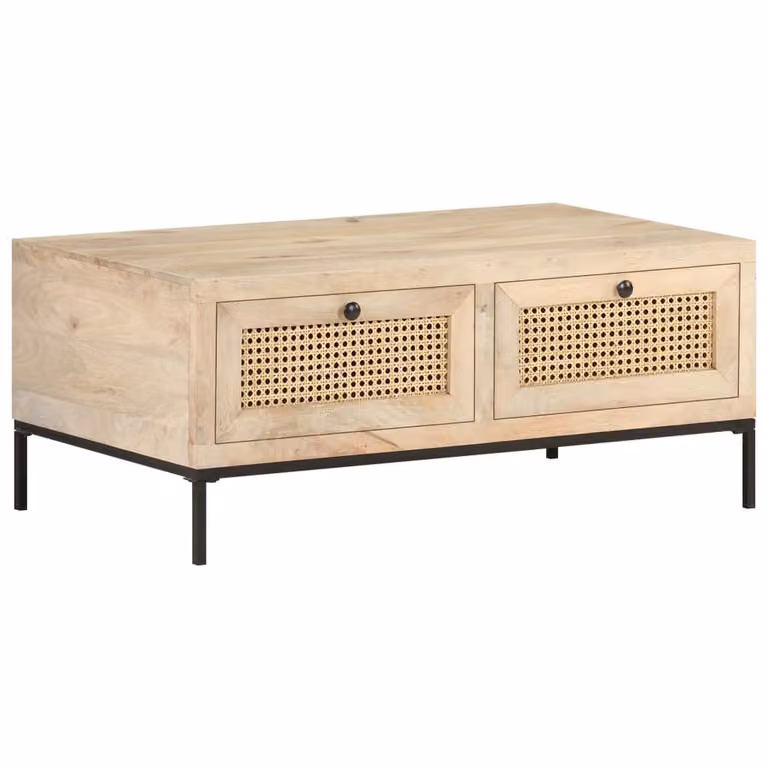 Berkfield Home Coffee Table in Light Brown, Solid Mango Wood and Natural Cane, W/D/H: 90 x 50 x 37 cm