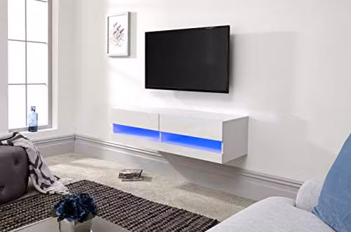GFW Galicia Wall Mounted White Glossy TV Unit with Integrated LED Lighting, W: 180 cm, H: 38 cm, D: 30 cm
