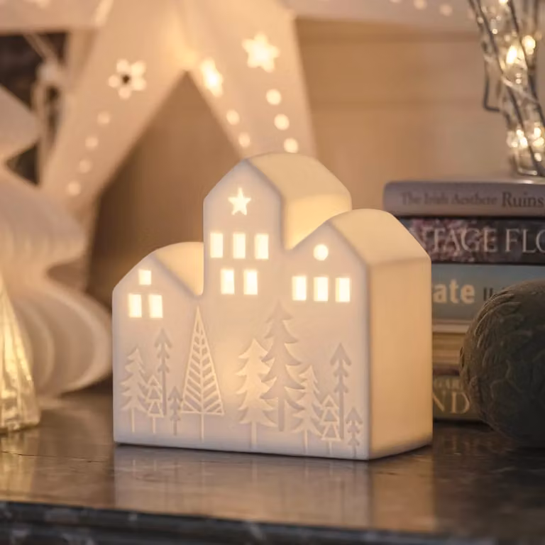 White Ceramic Scandinavian Style House LED Tabletop Christmas Decoration