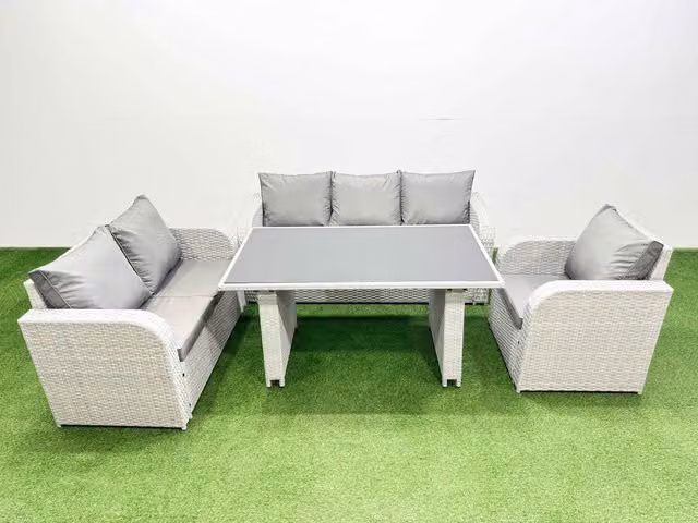 Fimous 6 Seater Rattan Outdoor Table and Reclining Chair Sofa Set in Light Grey