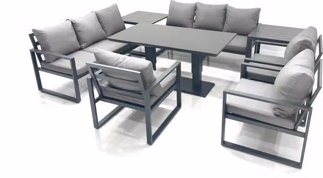Fimous Aluminium Garden Sofa Set in Dark Grey with Rising Dining Table, 3 Chairs and 2 Side Tables – 1