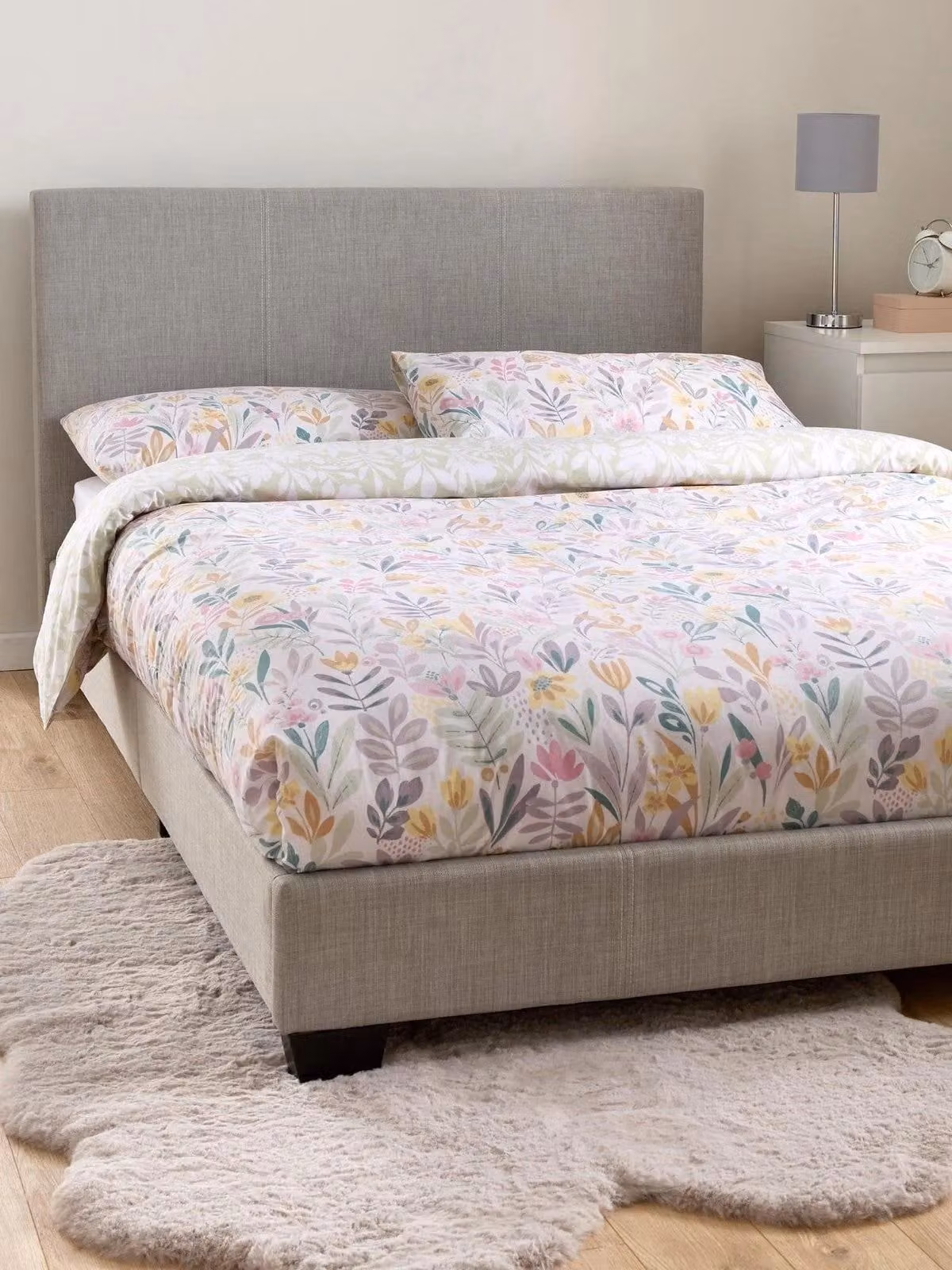Riley Fabric Small Double Bed Frame in Light Grey with Upholstered Headboard