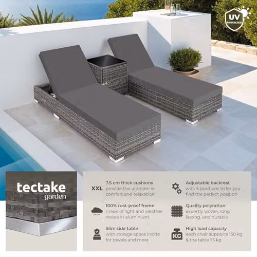 tectake 3-Piece Rattan Sun Lounger Set with Powder Coated Aluminium Frame, Side Tray and Weatherproof Cushions in Grey and Beige – 2