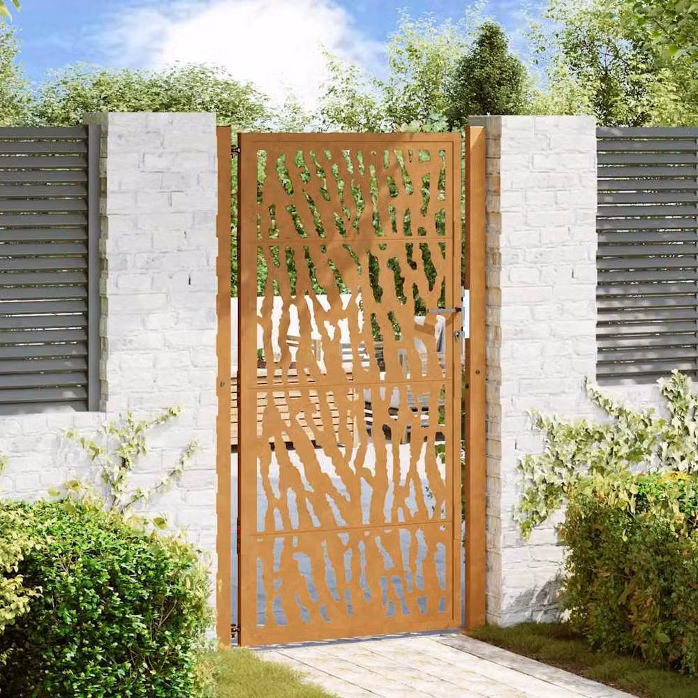 Berkfield Home Garden Gate in Brown Weathering Steel with Trace Design, W: 105 cm, H: 180 cm – 2