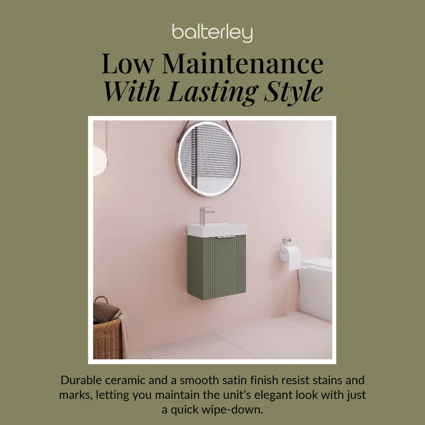 Balterley Retro Wall Mounted Bathroom Vanity Basin Unit in Satin Green, W: 40 cm, D: 43.8 cm, H: 40 cm – 3