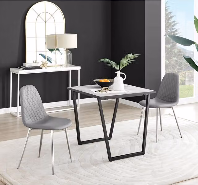 FurnitureboxUK Carson White Marble Effect Square Dining Table and 2 Corona Silver Faux Leather Chairs in Grey – 1