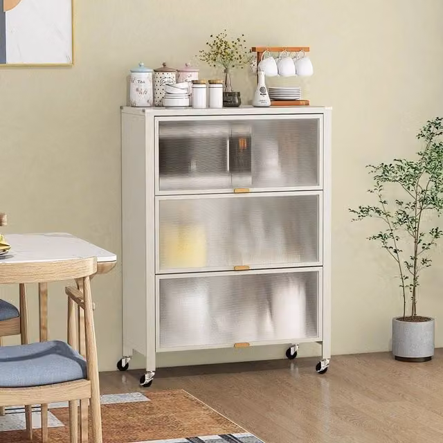 KORVIXA 4-Tier Metal Kitchen Bakers Rack and Microwave Stand with Flip Doors, White, W/D/H: 100 x 100 x 100 cm