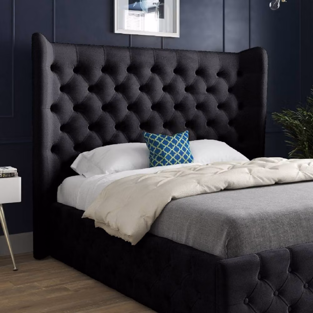 KDMD Leigh Wide Winged Upholstered Designer Bed Frame in Black Soft Velvet, Size: Small Double (W/D/H: 120 x 200 cm) – 4