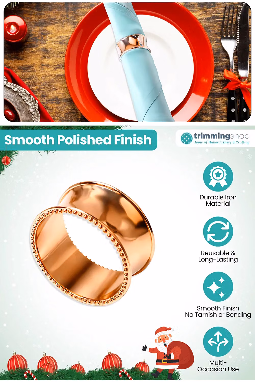 Neel Blue Christmas Beaded Rim Napkin Rings with Hammered Rose Gold Metal Buckles – 2