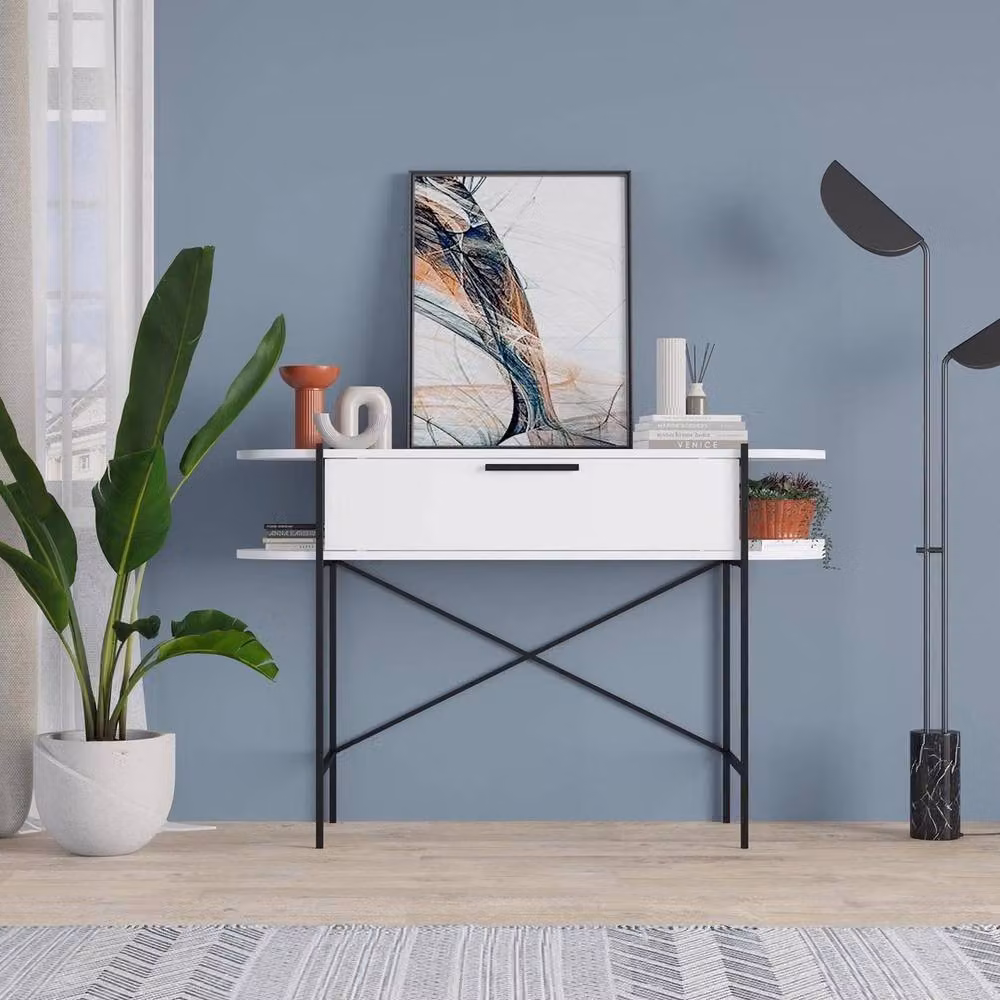 Havendro White Modern Console Table with 1 Drawer, 2 Shelves and Metal X-Frame – 2